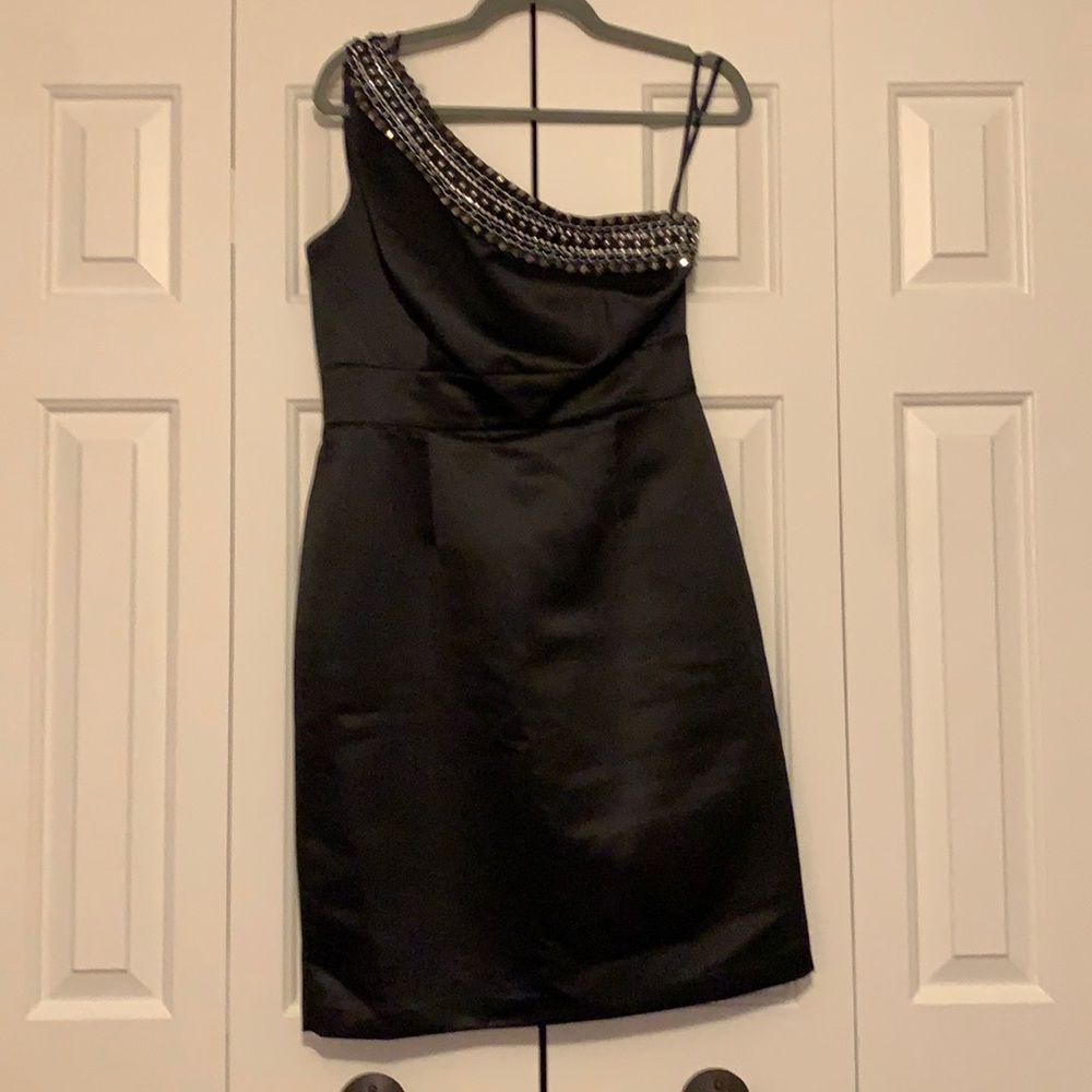 Black satin studded one shoulder satin cocktail dress Calvin Klein Sz 10